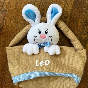 Leo Burlap Bunny Basket with Blue Accents